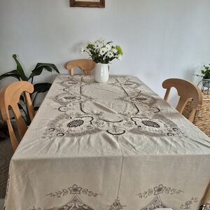 Hand embroidered  Linen Tablecloth, Beige & Grey Embroidery, Medeira Cut Work